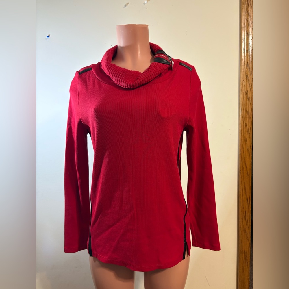 Women’s Medium Rafaella Red Cowl‎ neck Sweater W Faux Leather Trim Zipper Collar